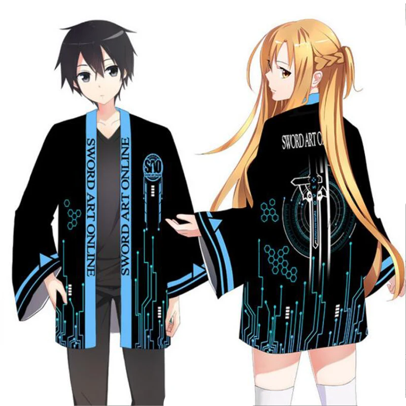 

Japanese Anime SAO Sword Art Online Kirito Kirigaya Kazuto Yuuki Asuna Cosplay Costume Kimono Cardigan Shirt Haori Obi Clothes