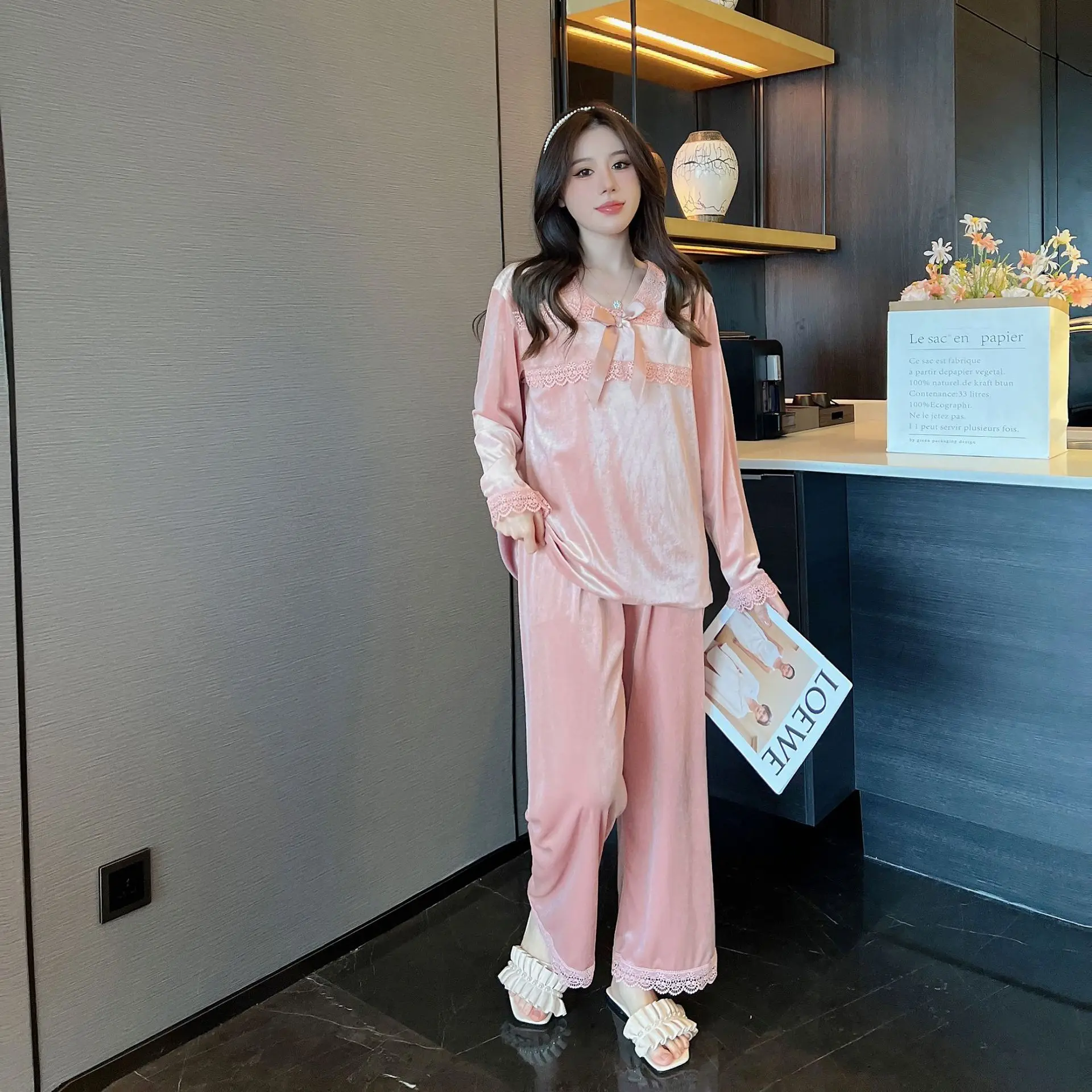 2022 Velour Pajamas Suit With Bowknot Autumn New Sleepwear Women Shirt&Pants Set 2PCS Nightwear V-Neck Home Clothes Lingerie