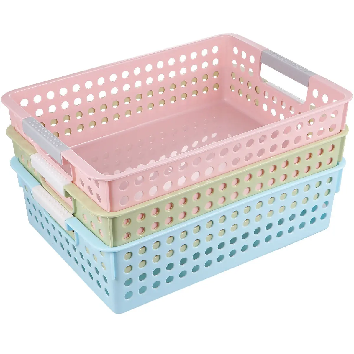 3pcs Plastic File Storage Basket Hollow Out Design Large Capacity Desktop Organizer For Office Home Use Smooth Surface Side