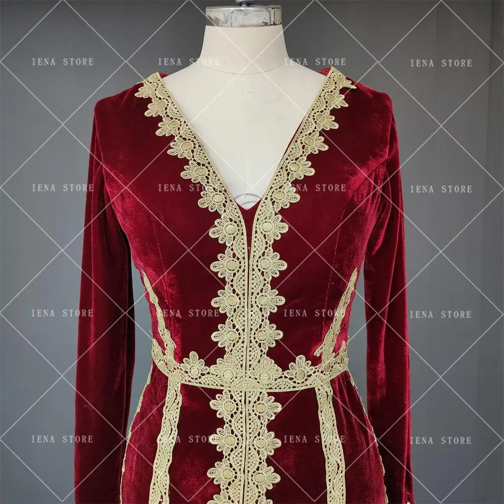 Robe De soirée De forme sirène 14448 # IENA, caftan marocain, velours, manches longues, robe De mariée musulmane algérien, 2023