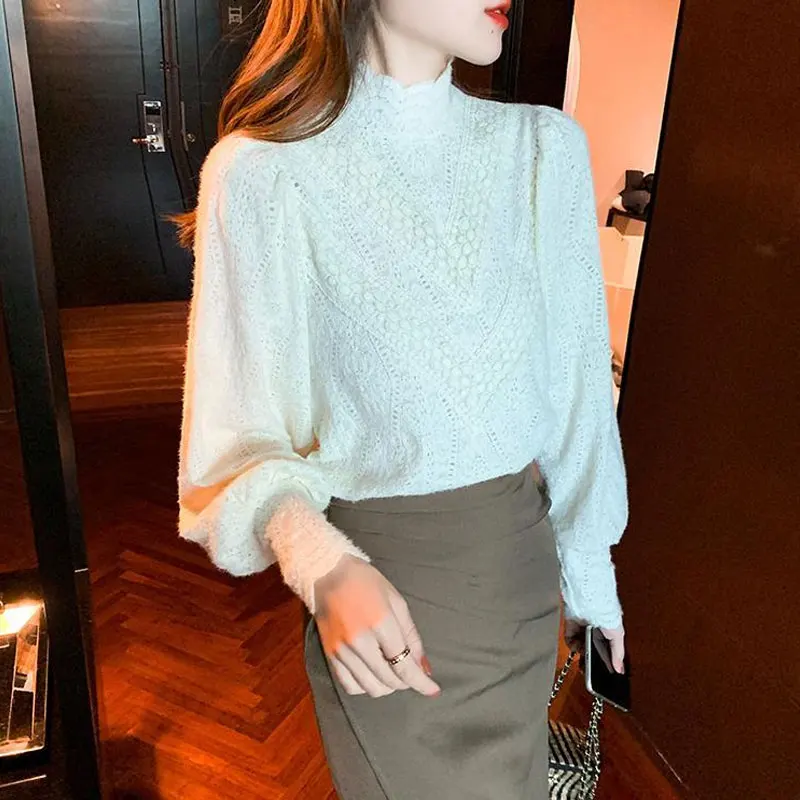 Commute Spring Autumn Straight Solid Color T-shirt Female Clothing Elegant Lace Hollow Out All-match Half High Collar Pullovers