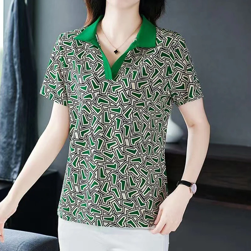 Women Clothing 2024 Summer Korean Fashion Print Patchwork Elegant Polo Collar T-shirt Female Casual Short Sleeve Slim Fit Tops