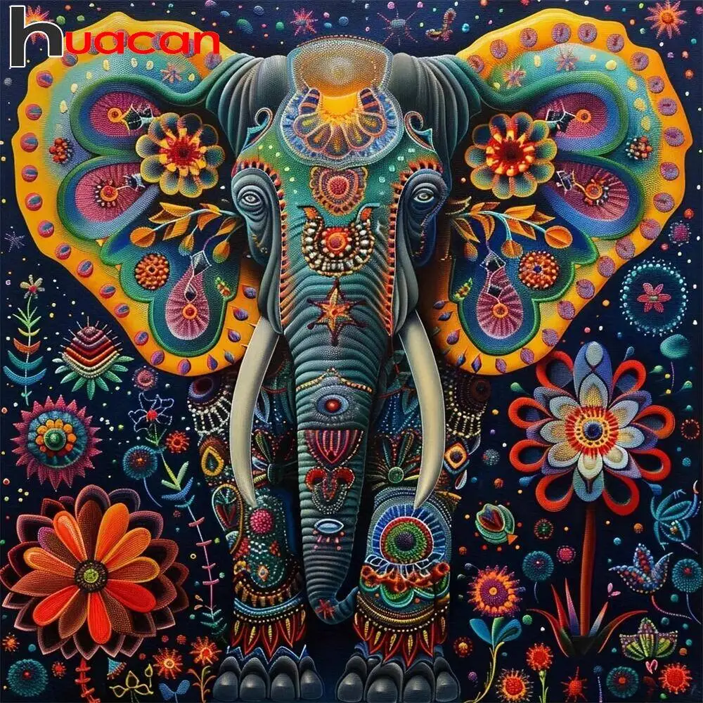 Huacan Diamant-Mosaik, Elefant, Tier, komplett, rund, quadratisch, Diamant-Gemälde, komplettes Set für Zuhause, Wanddekoration