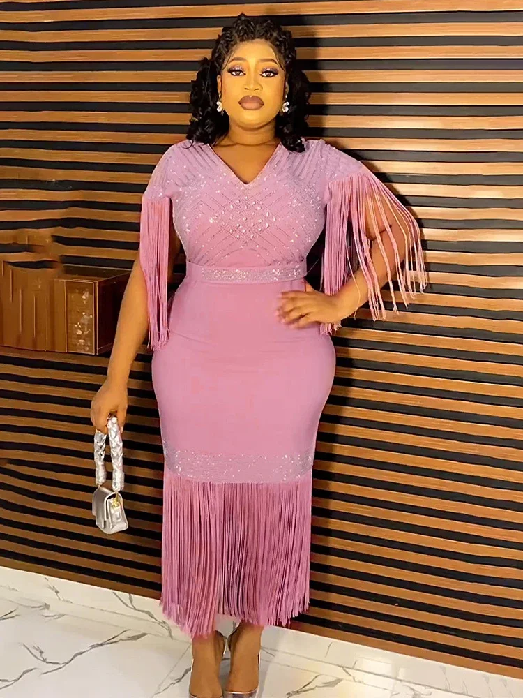 

Elegant Party Dresses For Women Tassel Bodycon Evening Gown African Dashiki Crystal Outfits Wedding Prom Birthday Ladies Dress