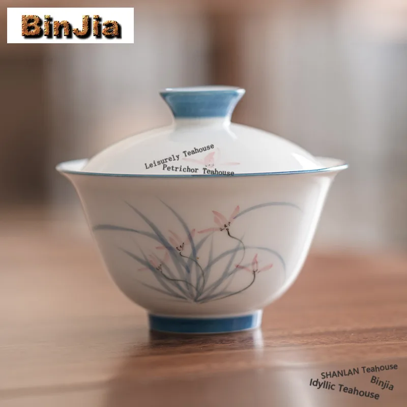 110ml White Porcelain Hand-painted Orchid Gaiwan Luxury Tea Tureen Tea Bowl With Lid Kit Tea Maker Cover Bowl Tea Items Craft