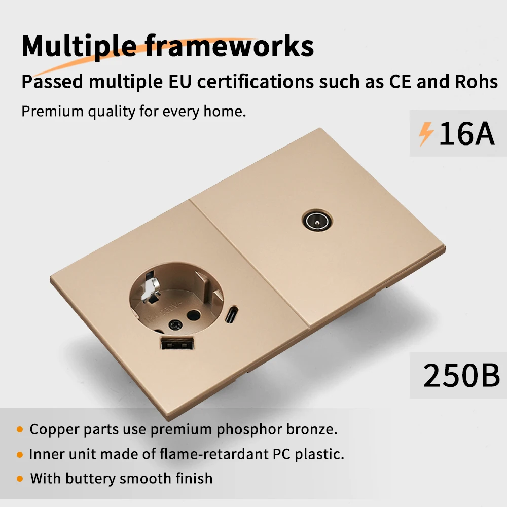 Skin Sensation USB A+C 1 Socket TV Integrated Panel Power Sockets Embedded Button Light Switch Skin Feel Paint DIY Combination