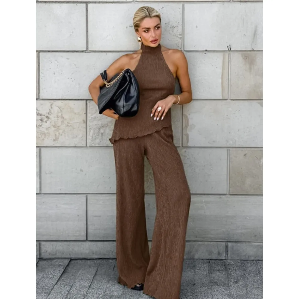 مثير الرسن الرقبة أكمام بلون المرأة السراويل الطويلة 2 قطعة مجموعة صيف جديد التخسيس أنيقة الإناث حفلة السراويل الطويلة دعوى