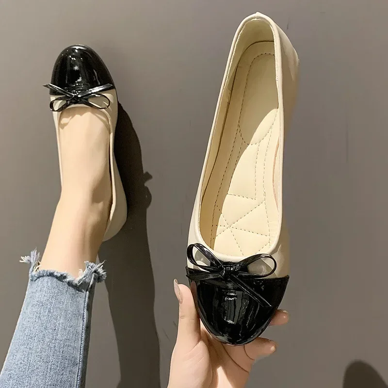 Zapatos planos de bailarina para mujer, mocasines cómodos antideslizantes de cuero, elegantes con lazo, zapatos individuales para madre