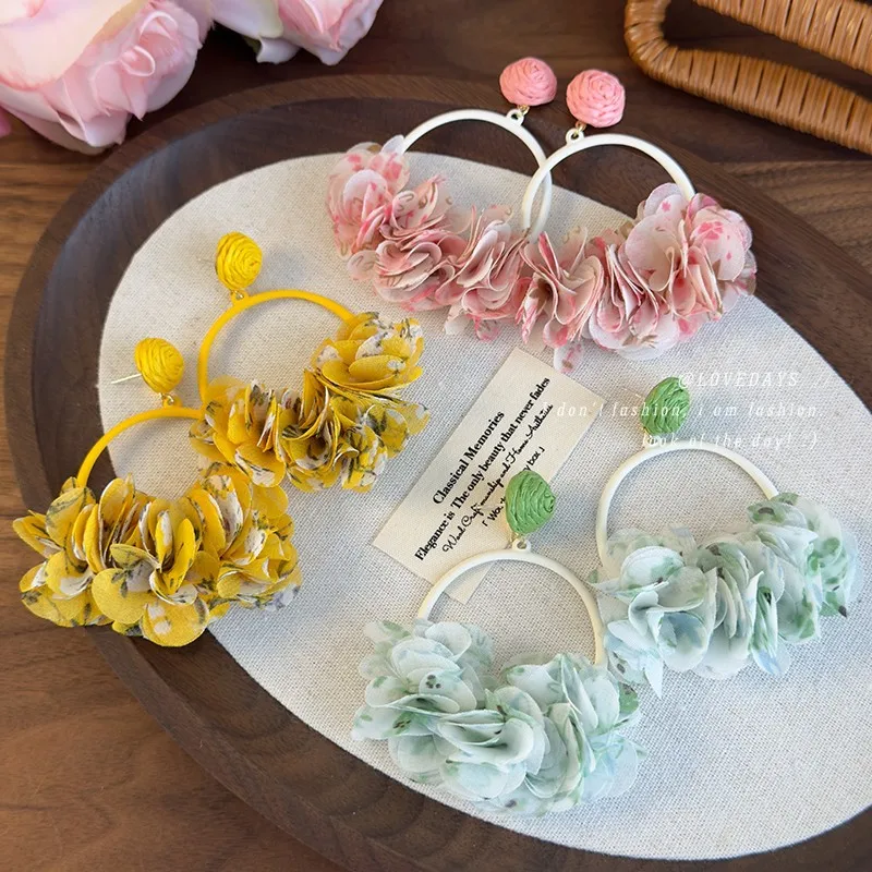 

Colorful Fabric Flower Metal Hoop Earrings Spring Summer Bold Unique Design Beach Vacation Accessory for Women Lightweight New