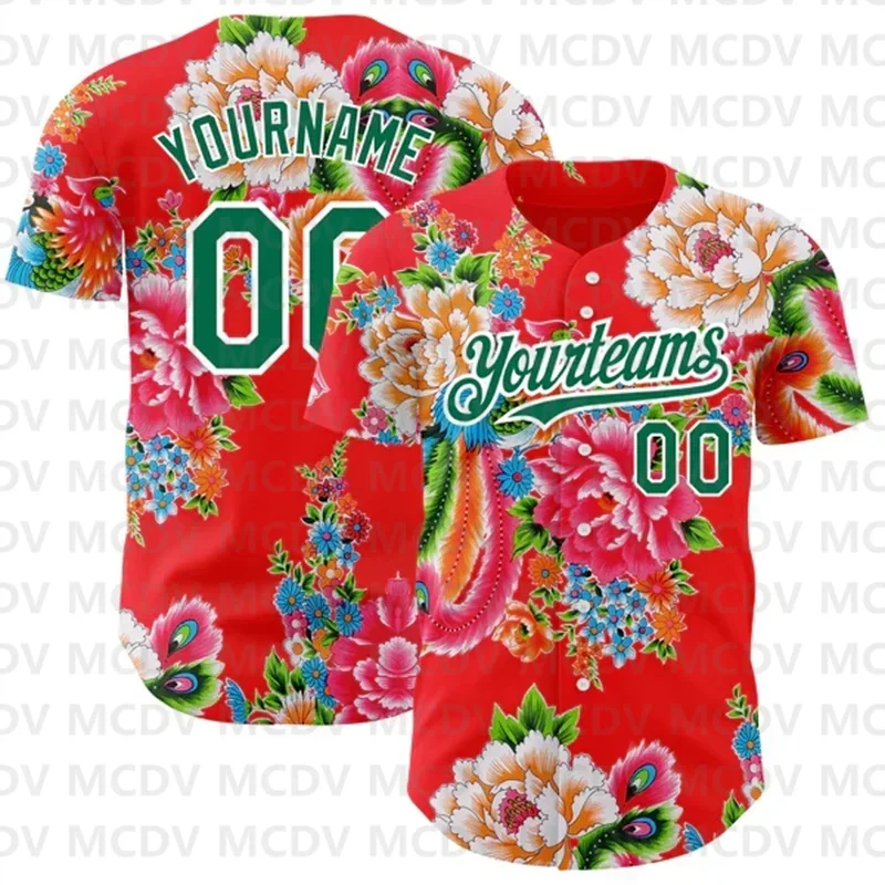 

Custom Red Kelly Green-White 3D Pattern Design Northeast China Big Flower Authentic Baseball Jersey