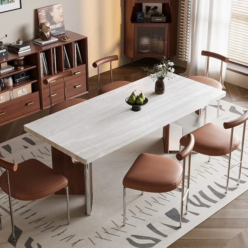 

Retro travertine rock slab dining table designer small apartment household medieval solid wood rectangular dining table