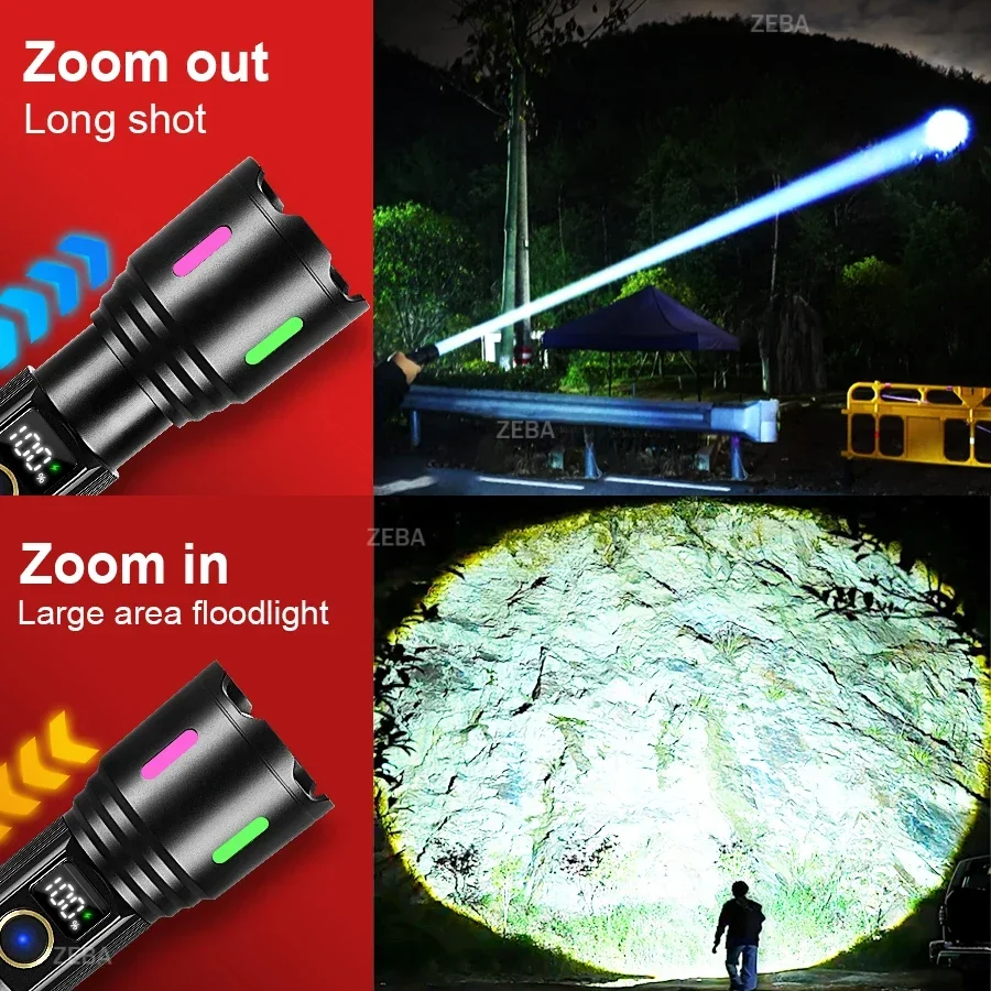 55000000LM Strong Light LED Flashlight White Laser Rechargeable Lamps Power Display Tactical Lantern Outdoor Camping Fishing