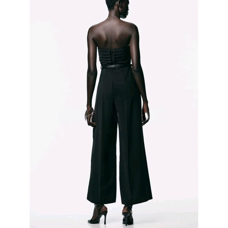 New Autumn Women's Wrap Design Straight Leg Belted Tube Top Pleated One-Piece Suit High Waist Long Pants Polyester Fiber