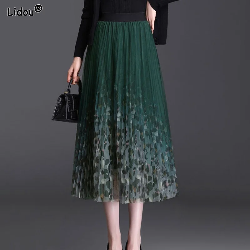 Simplicity Pleated Knee-length Skirts Loose Temperament Printing Fashion Women's Clothing Casual Spring Summer Thin Intellectual