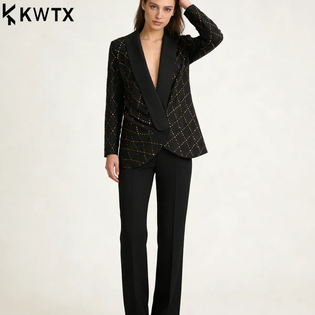 

Роскошный женский белый блейзер 2026 года, жакет с шалевым воротником и золотыми стразами, элегантная верхняя одежда в стиле гламур для вечеринок и мероприятий