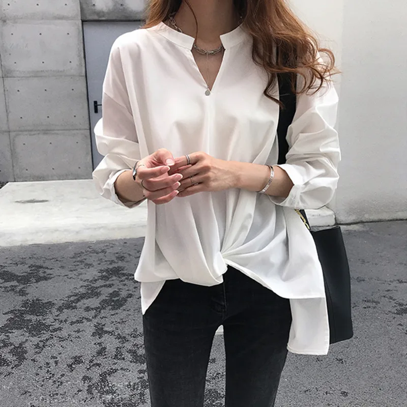 2025 Spring and Autumn New Mid-Length Slim Chiffon Shirt Women Long Sleeve V-neck Solid Color Pullover Top