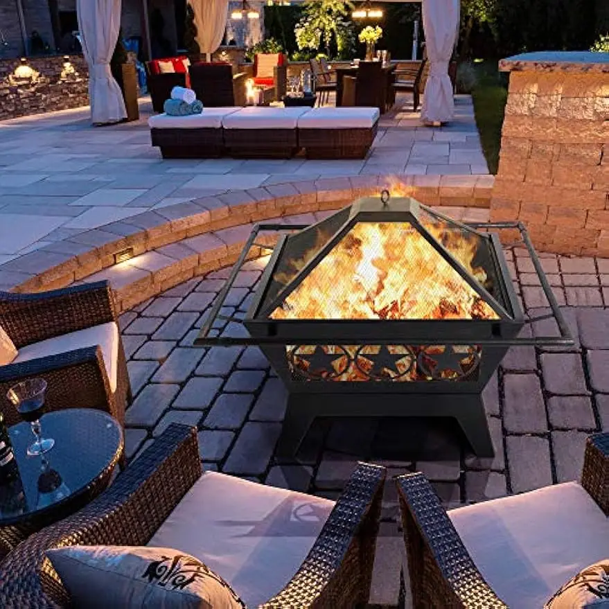 Fire Pit 32in Fire Pits for Outdoor Fireplace Large Square Wood Burning Fire Pit Heavy Duty for Patio BBQ Camping Bonfire