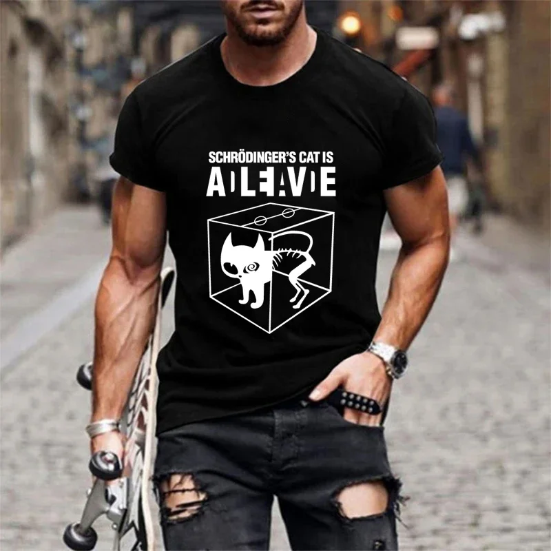 Short Sleeve Cooper Schrodinger 's Cat Printed Men Tshirt O-neck Street Style Cool Funny Loose T-shirt Luminous Men's T-shirt