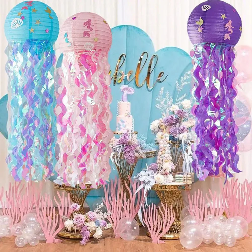 Mermaid Jellyfish Paper Lantern Pink Purple Blue Hanging Lantern Little Mermaid Theme Under The Sea Birthday Party Decorations