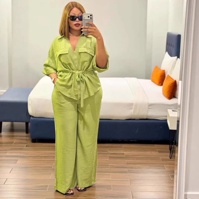 2026 Neue Afrikanische Mode Damen Casual Zweiteiler Set mit Schnürung, Schlanker Taille, Reißverschluss-Bluse und Hose