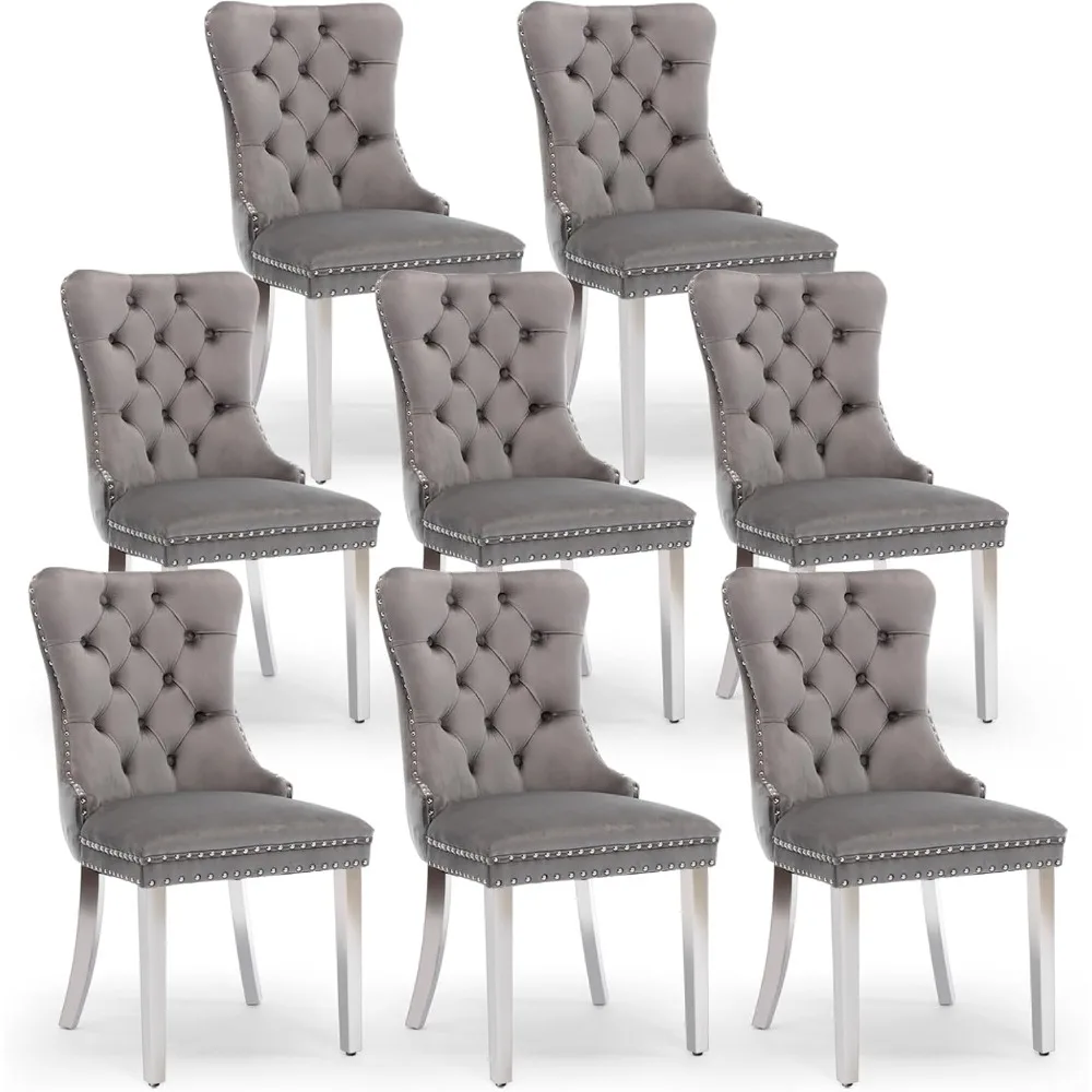 Velvet Dining Chair Set of 8, Upholstered Tufted Dining Room Chair with Nailhead Trim and Stainless