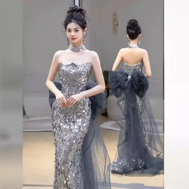 

Sparkly Sequin Mermaid Evening Dress Light Luxury Strapless Celebrity Prom Gown Women Elegant Banquet Dresses