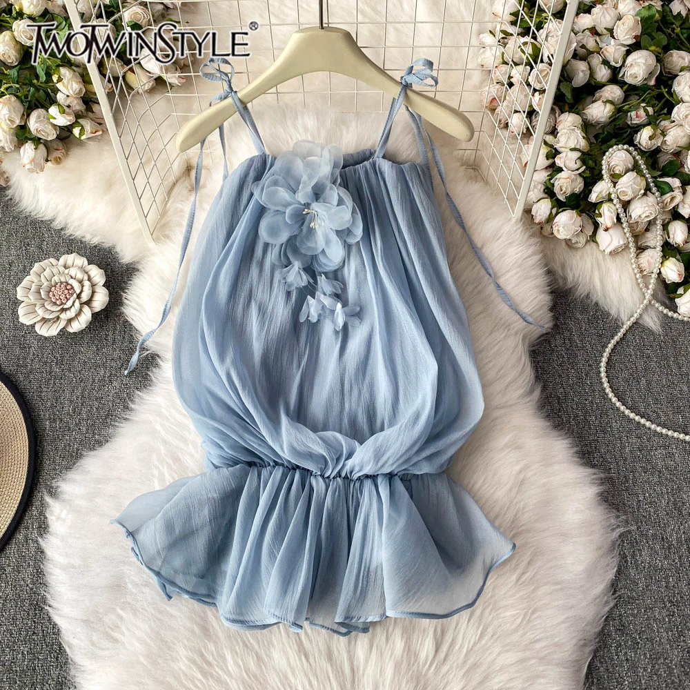 

TWOTWINSTYLE Sweet Slimming Mini Dresses For Women Camisole Sleeveless Backless High Waist Spliced Appliques Dress New KDR537066