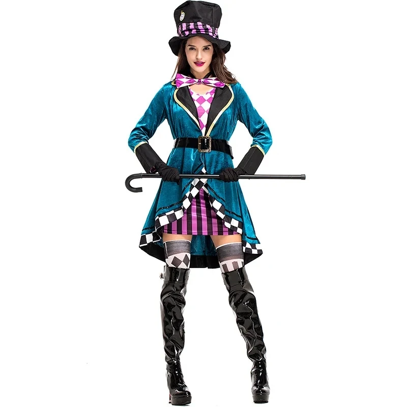 Alice in Wonderland Mad Hatter Costume for Adults Women Fantasias Magician Cosplay Halloween Carnival Party Magic Dress Purim