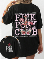 Plus - Size Retro Pink Pony Club Graphic Tee, Black Short - Sleeve with West Hollywood Vibe