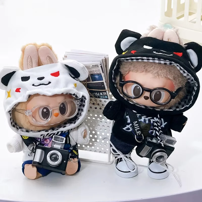 Macacão labubu pendurado de 15cm/17cm com padrão de urso, sapatos para câmera, roupas adoráveis para bebês, acessórios para festa sentada