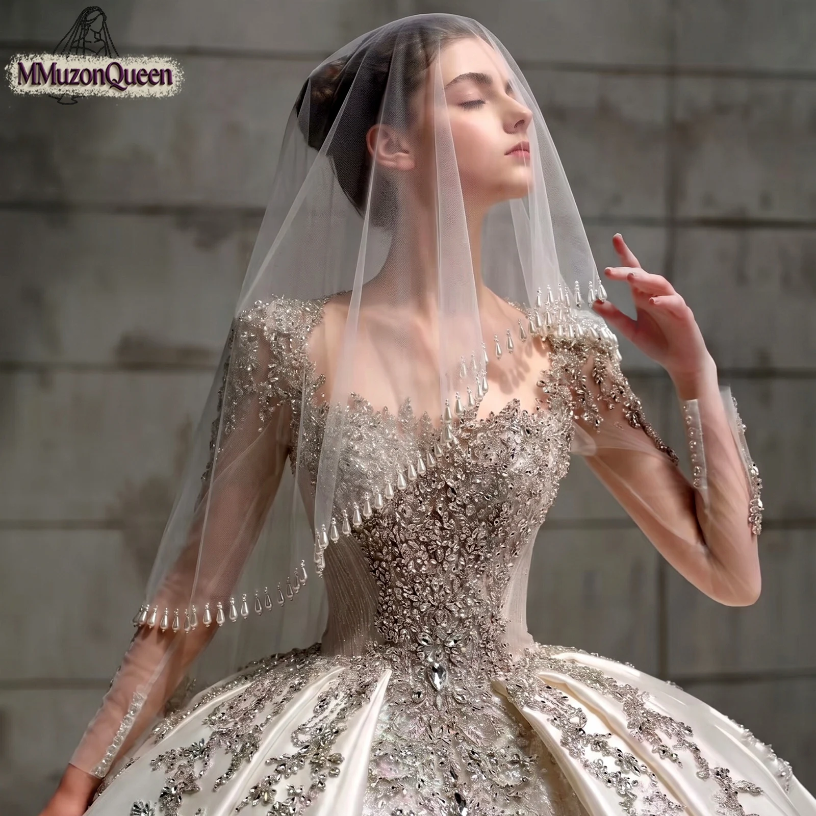 

TOPQUEEN Pearls Wedding Veil Crystals Edge Bridal Veils Velos De Novia Elegantes Wedding Crystal Beaded Noiva AcessóRios V332