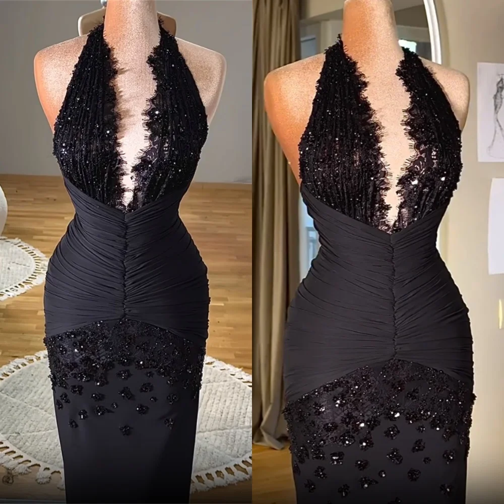 

Customized Luxury Black Jersey Evening Dresses Fashion Halter Sleeveless Homecoming Dresses Formal Special Occasion Gowns