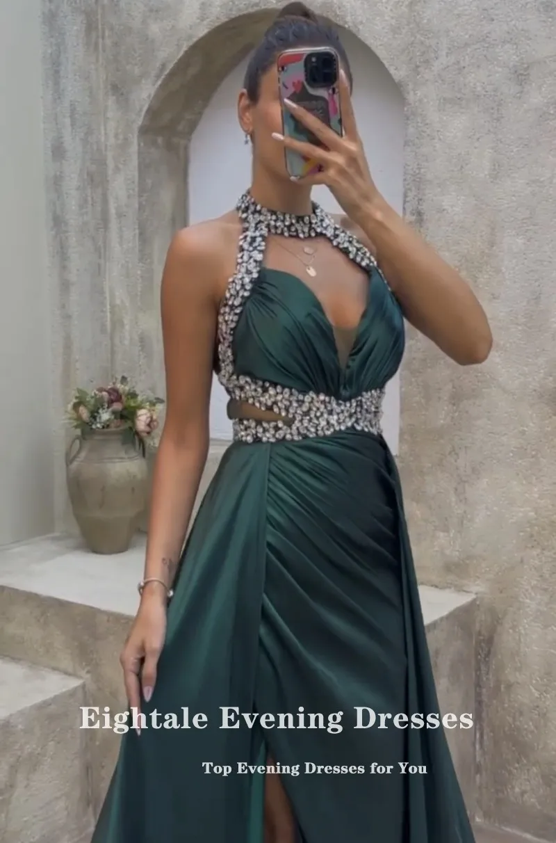 Eightale Dark Green Evening Dress Satin Halter Beaded with Crystals Formal Arabic Prom Gown Wedding Party Dress Vestidos De Noch