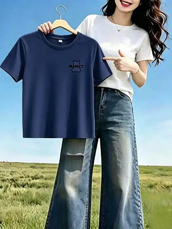 

Elegant Short Sleeve T-Shirt Women's Fashionable Ageless Personality Light Blue Slimming Top Breathable Polyester Fiber Printed