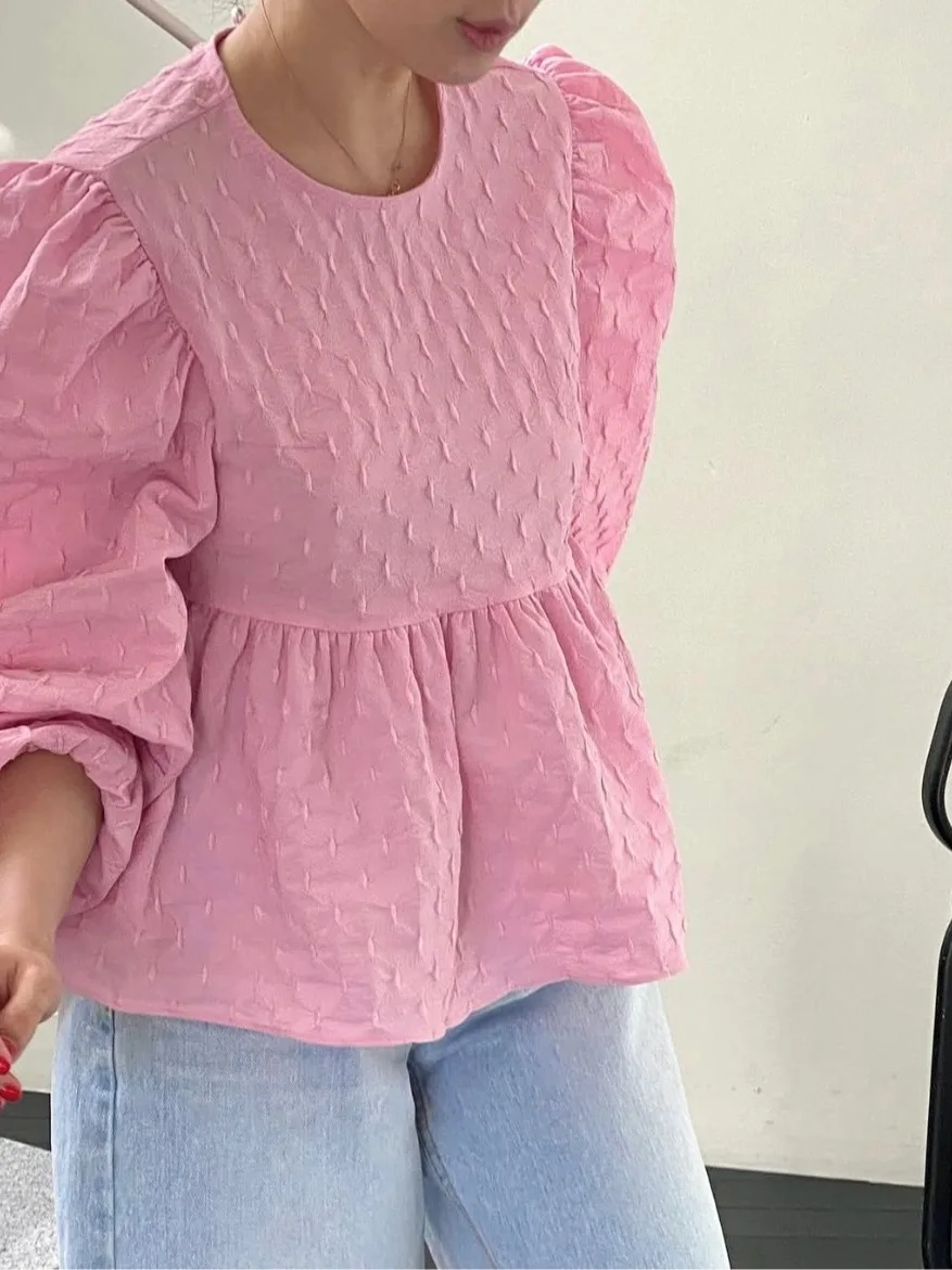 Blusa elegante Bal Lantern Sve para mujer, novedad de primavera, antienvejecimiento, gancho 3D, textura de flor, Top de fibra elástica de poliéster