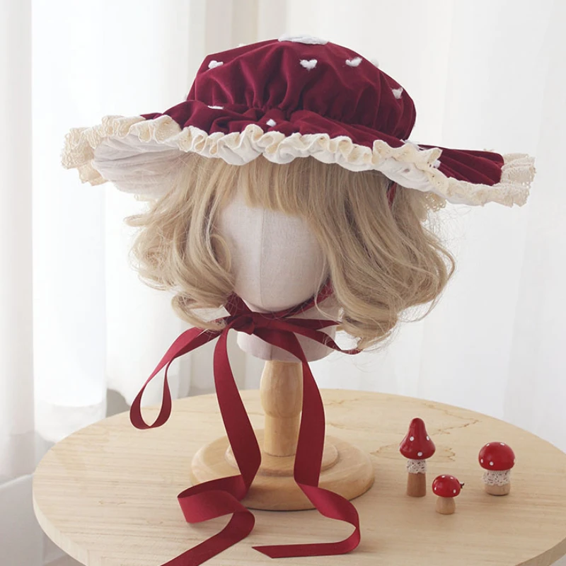 Lolita Cosplay Accessories Burgundy Mushroom Hats Bucket Cap Cute Umbrella Bb Mushroom Hats for Women and Children