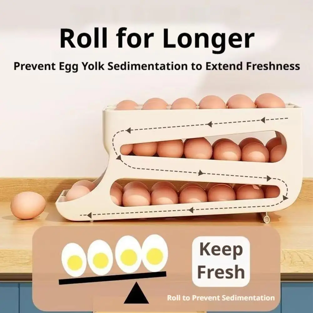 Premium Egg Storage Box Three Tier double Row Ladder Style Large Capacity Egg Auto-Positioning Rolling Refrigerator Egg Storage