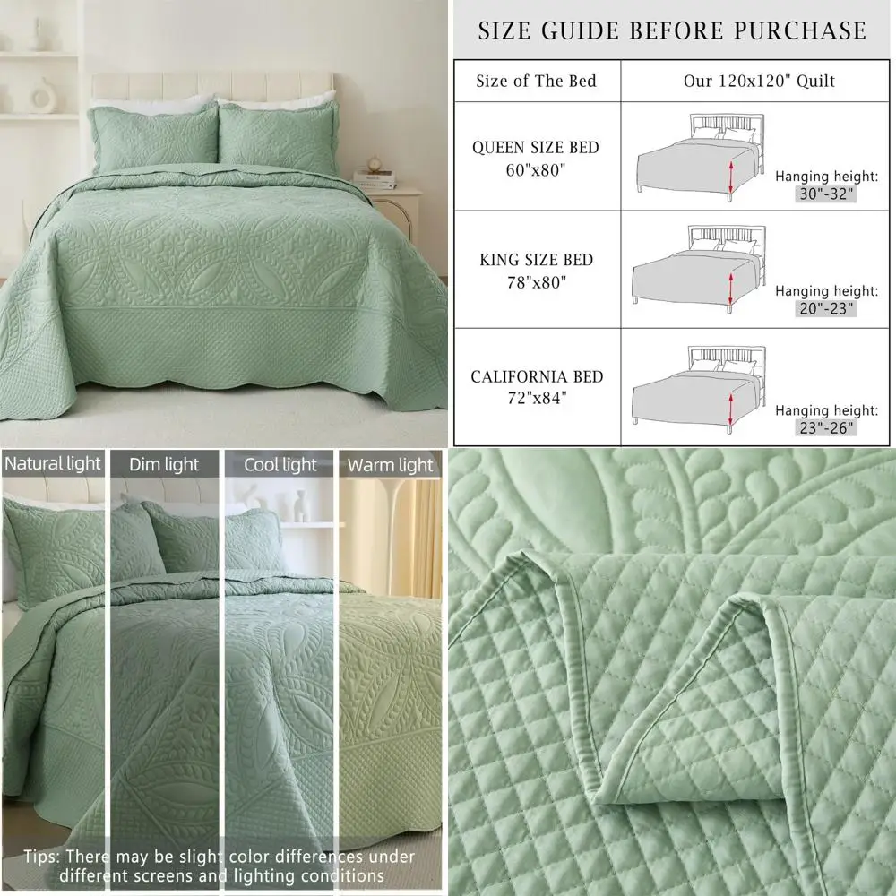 

Green Lightweight 3-Piece California King Quilt Set, Oversized 120x120 Inches, All-Season Modern Coin Pattern Bedspread