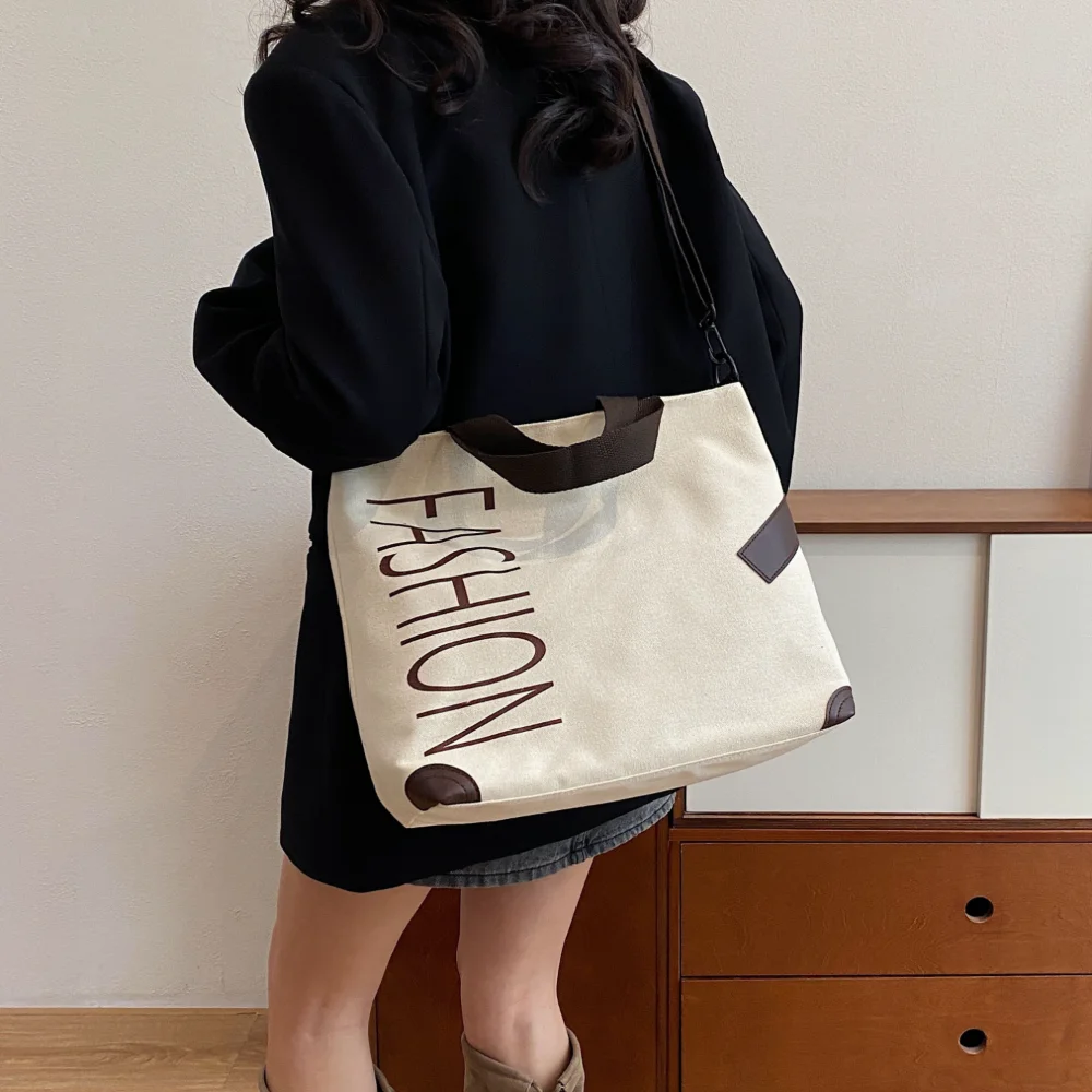 Letter Print Canvas Tote Bag, Large Capacity Handbag for Women