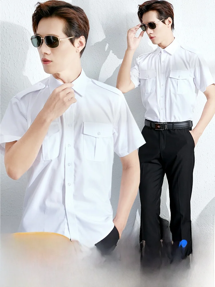 Airlines Uniform Men's Short Sleeve Shirt Slim Fit Pilot Shoulder Patches White Shirt Fashionable Urban Style Youth Daily Wear