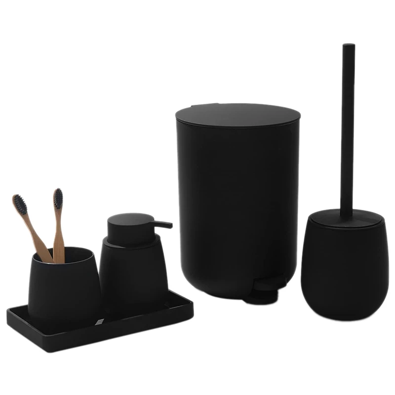 Bathroom Set Small Trash Can Home Bathroom Decoration Storage Wash Set Toothbrush Holder, Soap Dispenser Dressing Table(Black)