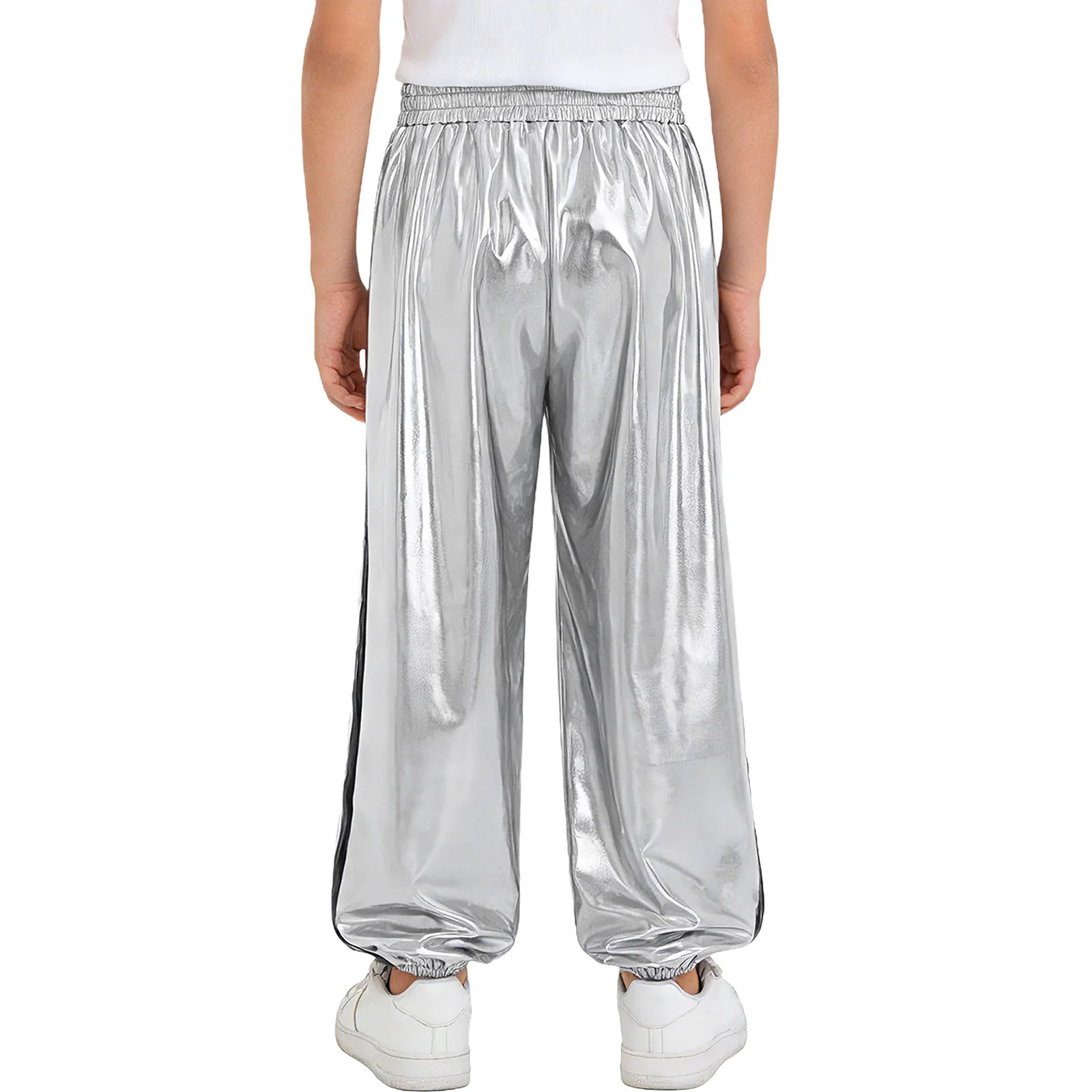Kids Boys Girls Tear Away Pants Elastic Waistband Split Press Button Metallic Trousers for Hip Hop Jazz Street Dance Basketball
