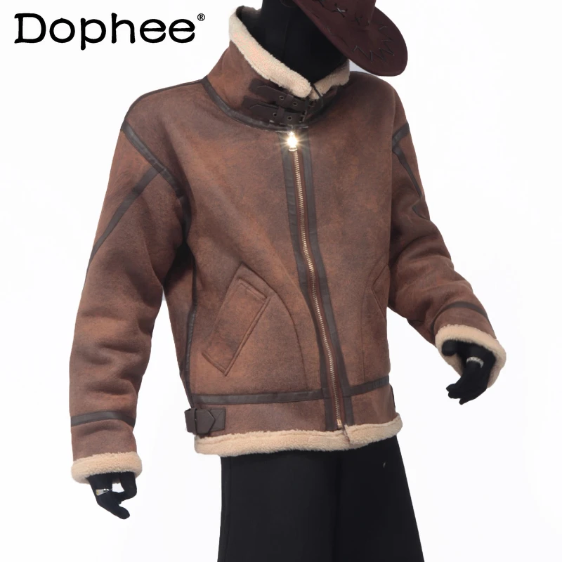 

2025 Men's Autumn Winter New Retro Short Style Lamb Wool Jackets Men's Stand Collar Fleece Trendy Parkas Loose Chic Cotton Coats