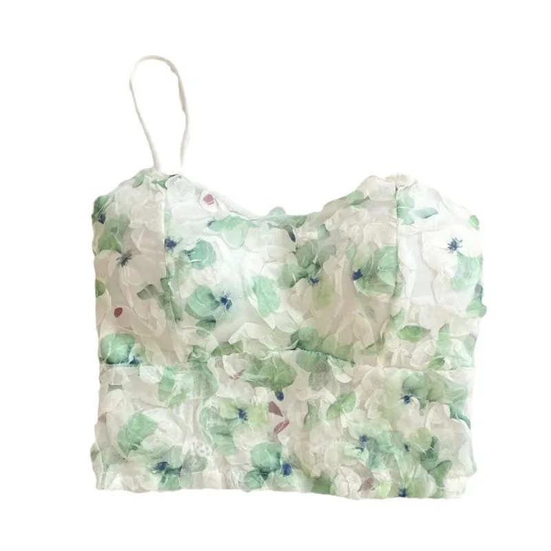 Kort Ademend Vest Met Riem Zomer Zoet Gebloemd Korset Vest Dames Strandstijl Mouwloze Blouse Vrouwen Vintage Kanten Slanke Crop Top