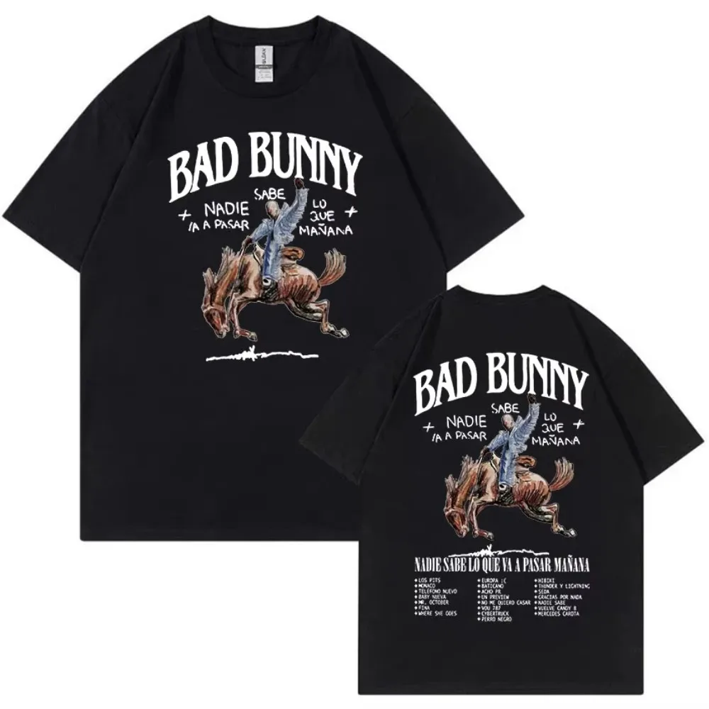 Camiseta con estampado de doble cara del álbum Nadie Sabe Lo Que Va a Pasar Mañana de Bad Bunny, camiseta informal extragrande de algodón estilo hip hop unisex