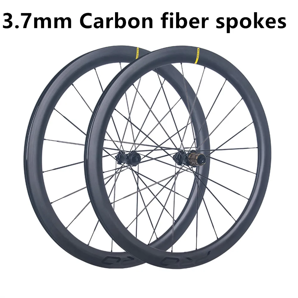 

Колеса 700C с карбоновыми спицами 3,7 мм, карбоновый обод, бескамерные, для дисковых тормозов, для шоссейных велосипедов.