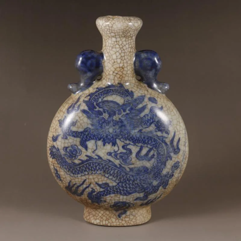 Antique blue and white dragon pattern elephant ear flat bottle for collecting Chinese style home and office desktop decorations
