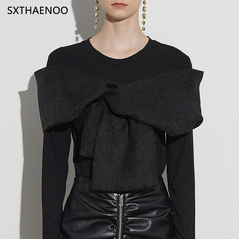 

SXTHAENOO Fashion Niche Round Neck Long Sleeve Unique Cross Bow Solid Color T-Shirt Women's Polyester Crew Neck Bandage Decorate