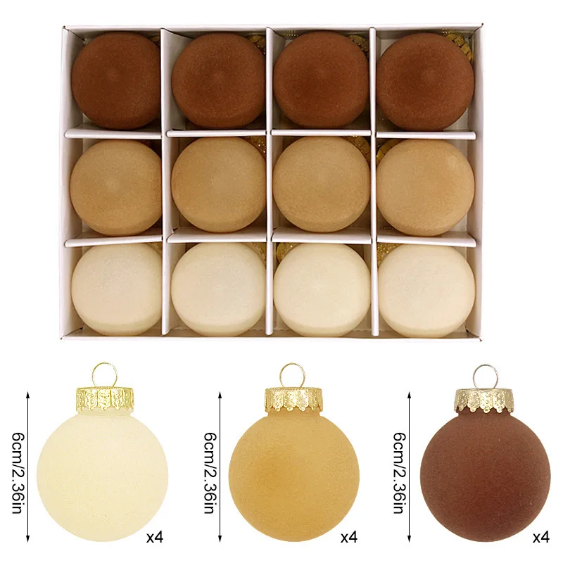 12 Stück Weihnachtskugel-Ornamente, 6 cm, Beige, Kaffee, Rot, Grün, Kugeln, Weihnachtsbaumdekoration für 2025 Navidad Noel Party-Anhänger