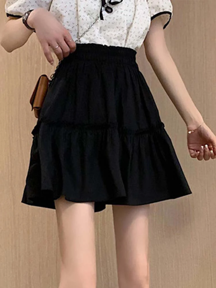 Kawaii Mini Skirts Women Cute Fungus Patchwork Fairycore High Waist Pleated Short Skirt Korean Fashion Preppy Style